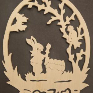 Handgesägte Holzdeko “Hase mit Ei und Vogel”